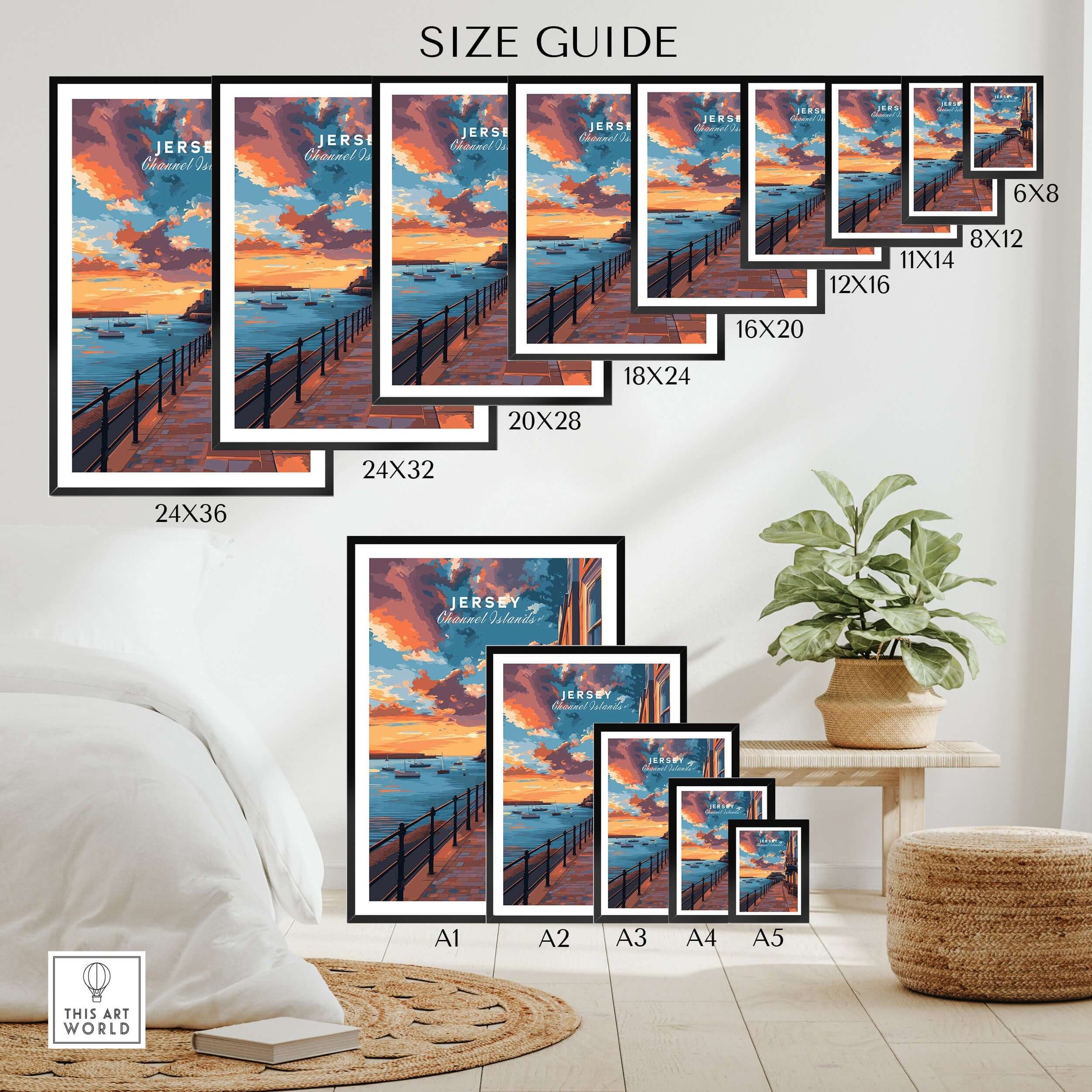 Jersey Poster - Elizabeth Castle Twilight Print size guide showcasing various frame sizes in a stylish interior.