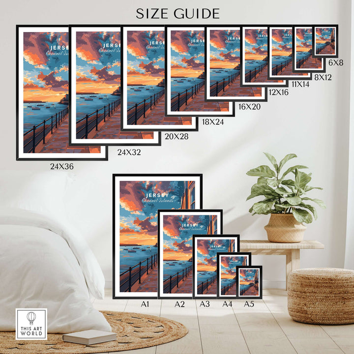 Size guide for Jersey Poster - Elizabeth Castle Twilight Print showcasing various dimensions for wall art framing options.