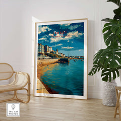 Jersey Poster -  St Helier Town Marina Print | Seaside Wall Art featuring coastal scene with colorful boats and vibrant sky.