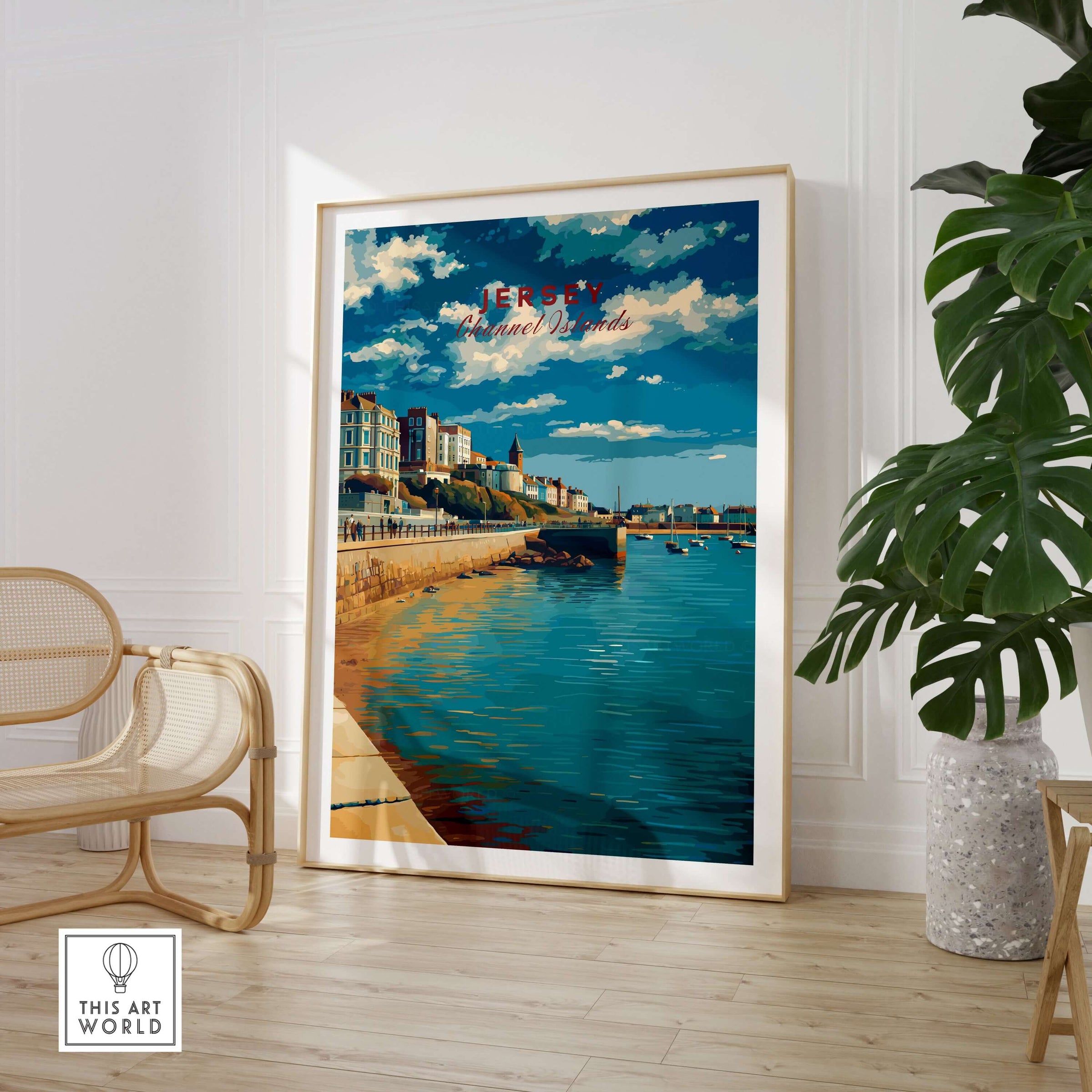 Jersey Poster -  St Helier Town Marina Print | Seaside Wall Art featuring coastal scene with colorful boats and vibrant sky.