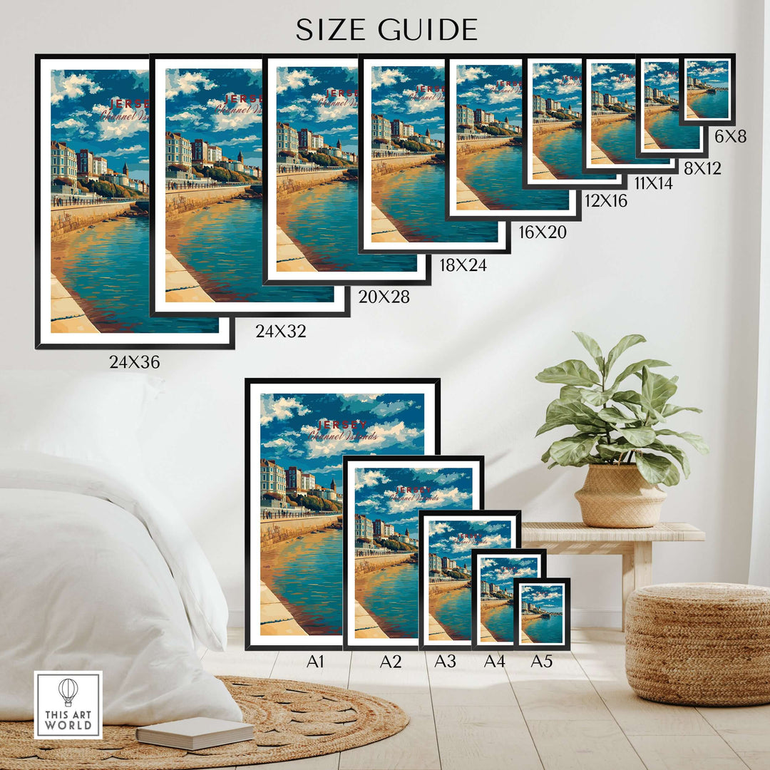 Jersey Poster -  St Helier Town Marina Print | Seaside Wall Art size guide with various frame sizes displayed.