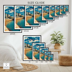 Jersey Poster -  St Helier Town Marina Print | Seaside Wall Art size guide with various frame sizes displayed.