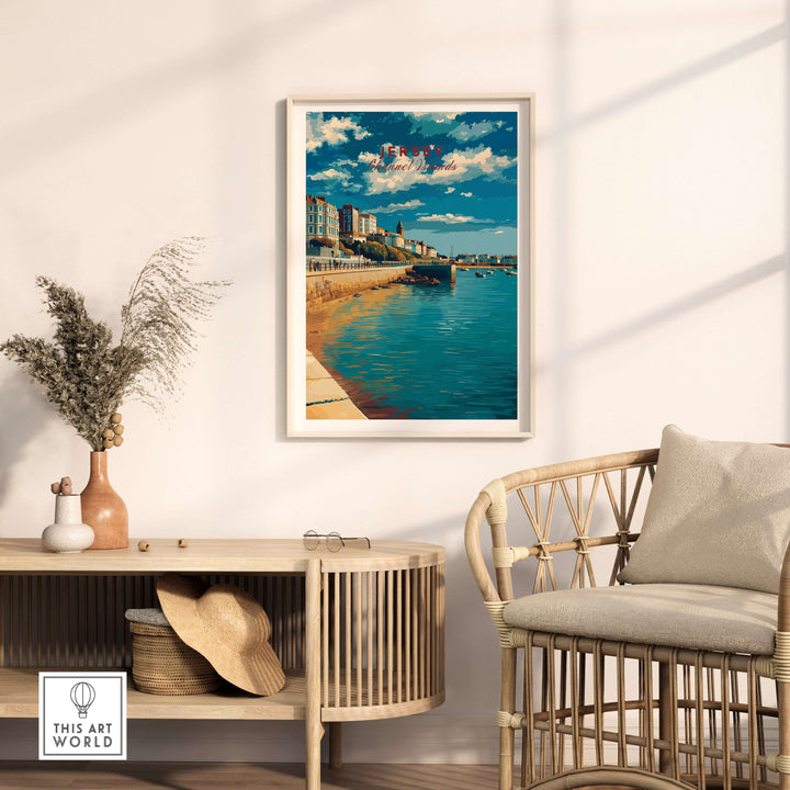 Jersey Poster -  St Helier Town Marina Print | Seaside Wall Art displayed in a cozy interior setting with coastal decor.