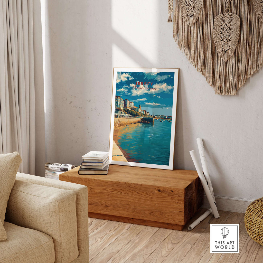 Jersey Poster -  St Helier Town Marina Print | Seaside Wall Art displayed in a cozy living room setting.