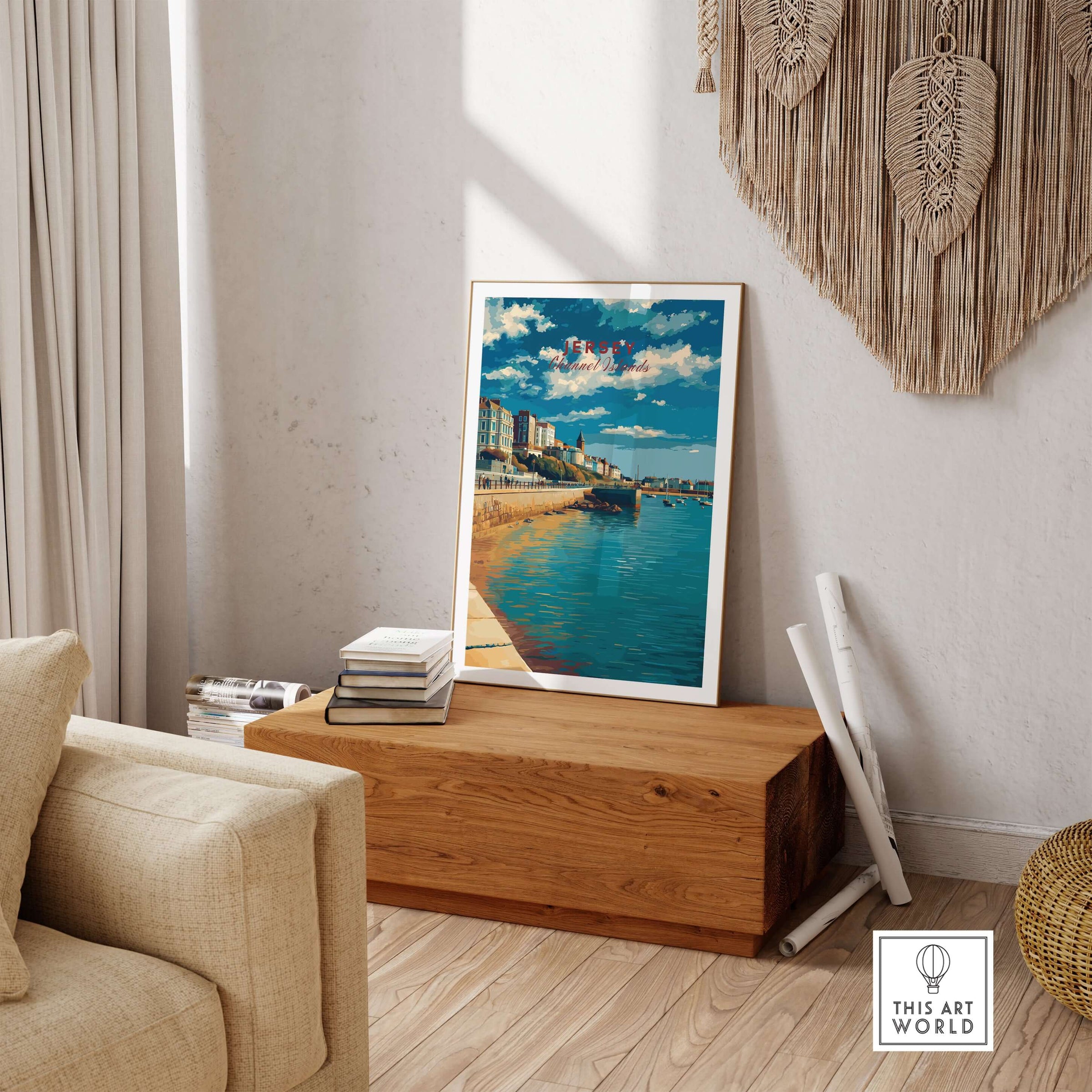 Jersey Poster -  St Helier Town Marina Print | Seaside Wall Art displayed in a cozy living room setting.