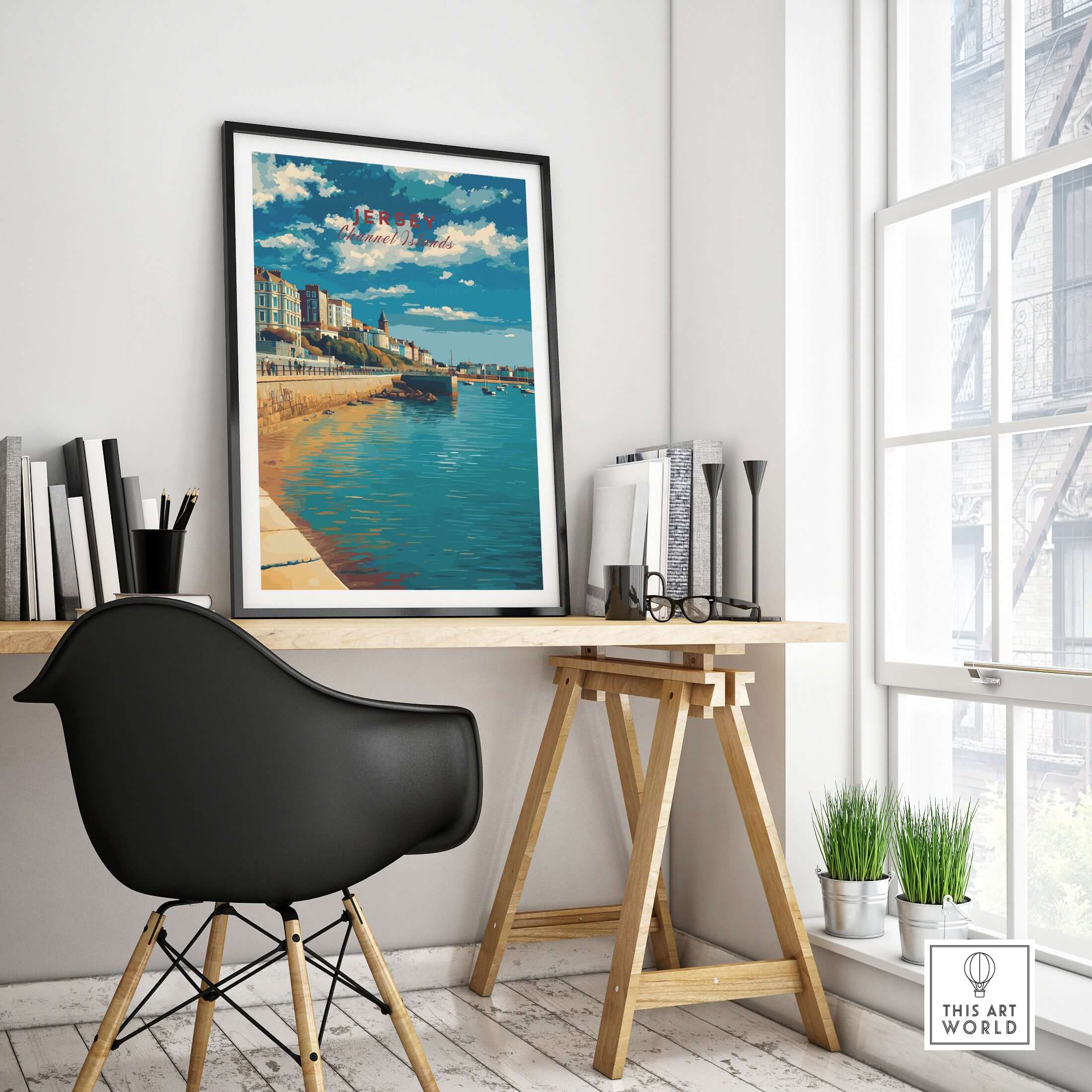 Jersey Poster -  St Helier Town Marina Print | Seaside Wall Art displayed in a modern workspace by a window.