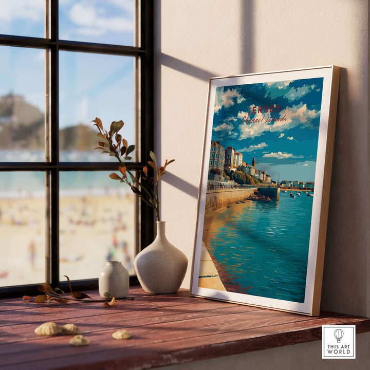 Jersey Poster -  St Helier Town Marina Print | Seaside Wall Art framed by a window with beach view, perfect coastal decor.