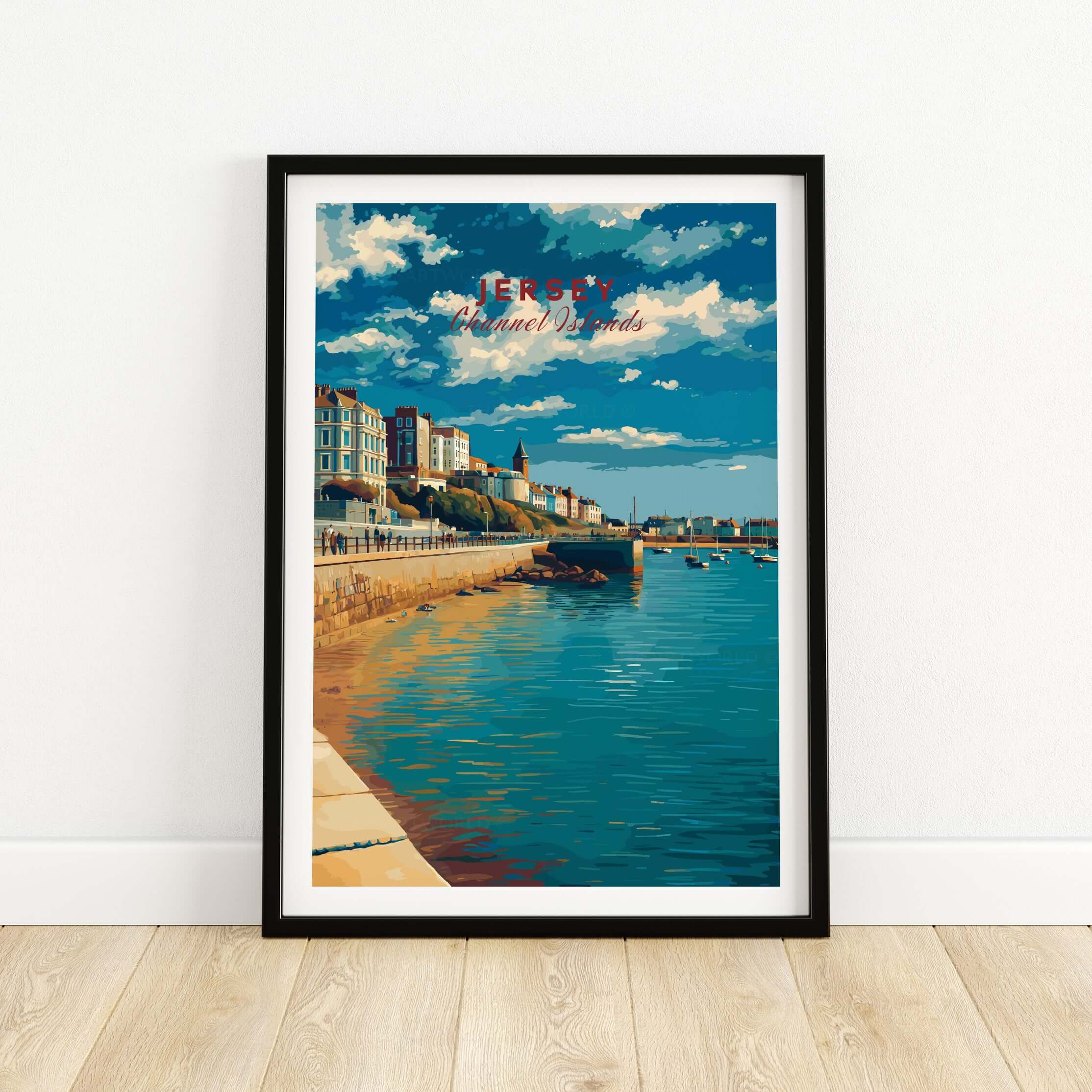 Jersey Poster -  St Helier Town Marina Print | Seaside Wall Art displayed in a stylish frame, showcasing vibrant waterfront scenery.