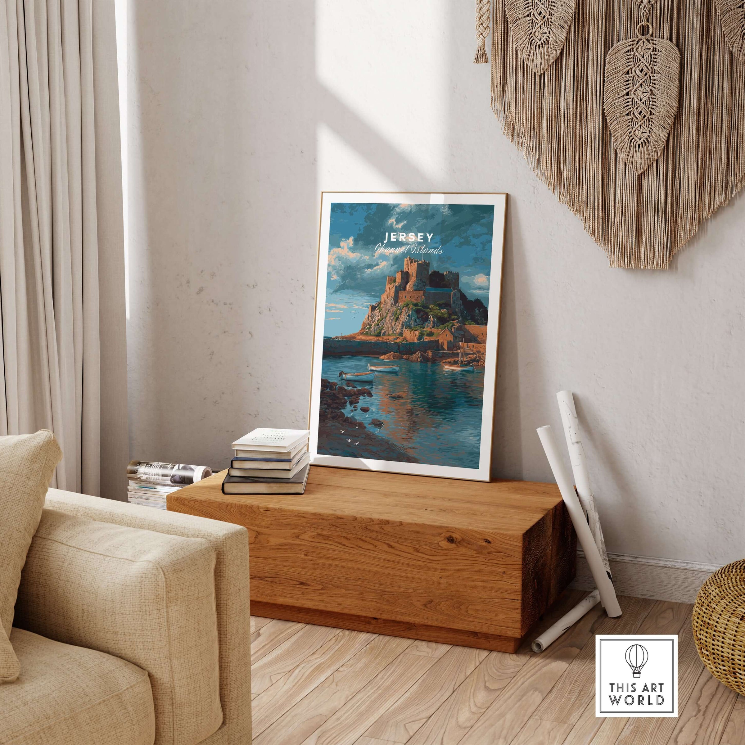 Jersey Print - Channel Islands Poster featuring Mont Orgueil Castle in a stylish living room setting.