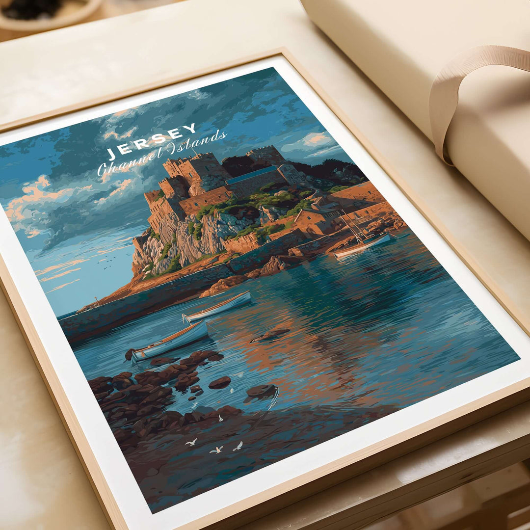 Jersey Print - Channel Islands Poster showcasing Mont Orgueil Castle and scenic views of Jersey coastline.