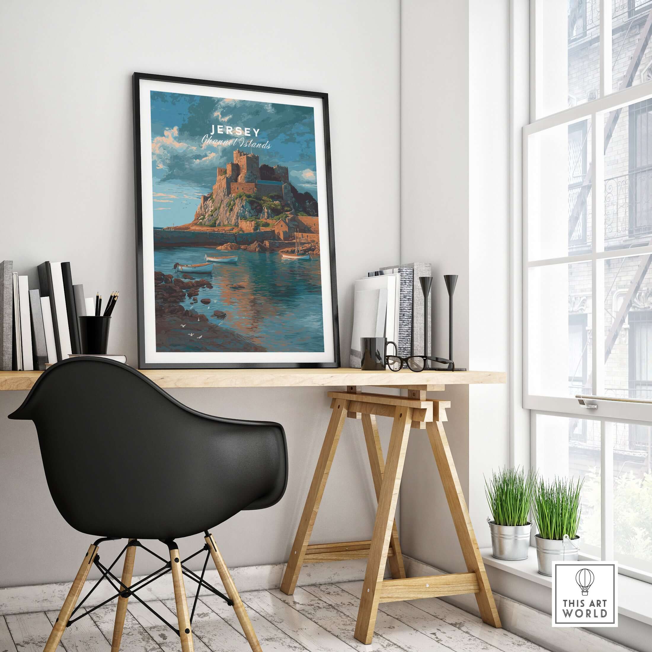 Jersey Print - Channel Islands Poster showcasing Mont Orgueil Castle in a stylish home office setting.