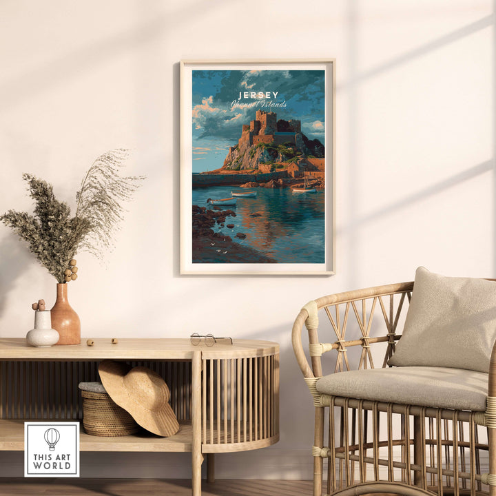 Jersey Print - Channel Islands Poster featuring Mont Orgueil Castle, showcasing Jersey's dramatic coastline.