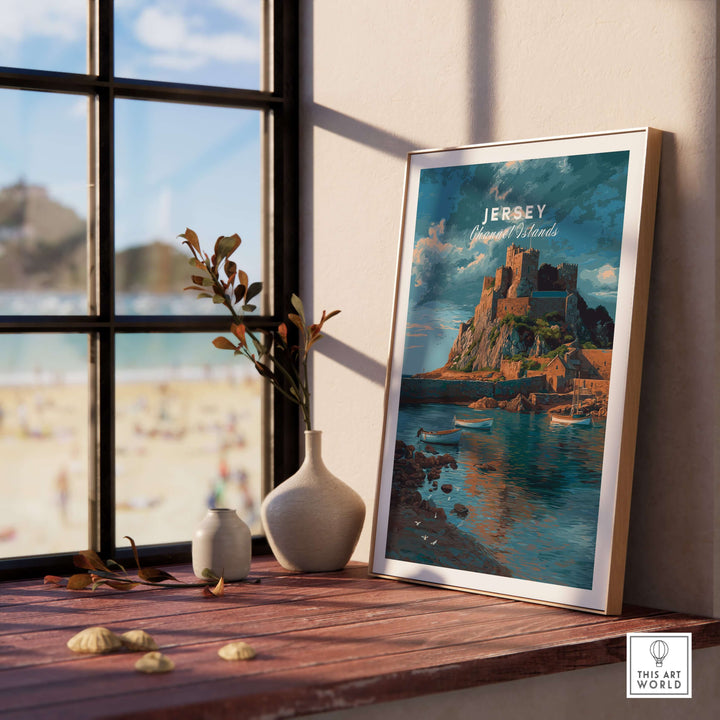 Jersey Print - Channel Islands Poster featuring Mont Orgueil Castle by the coastline in an elegant setting.
