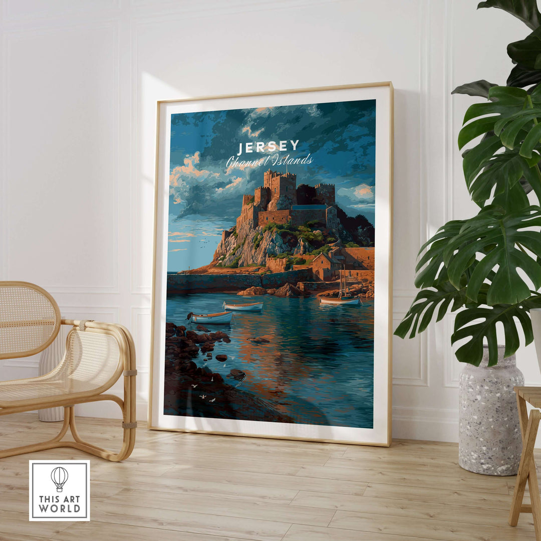 Jersey Print - Channel Islands Poster featuring Mont Orgueil Castle in a scenic coastal setting.