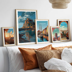 Jersey Print - Channel Islands Poster showcased among framed travel posters on a stylish interior display.