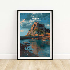 Jersey Print - Channel Islands Poster showcasing Mont Orgueil Castle by the coastline with boats.