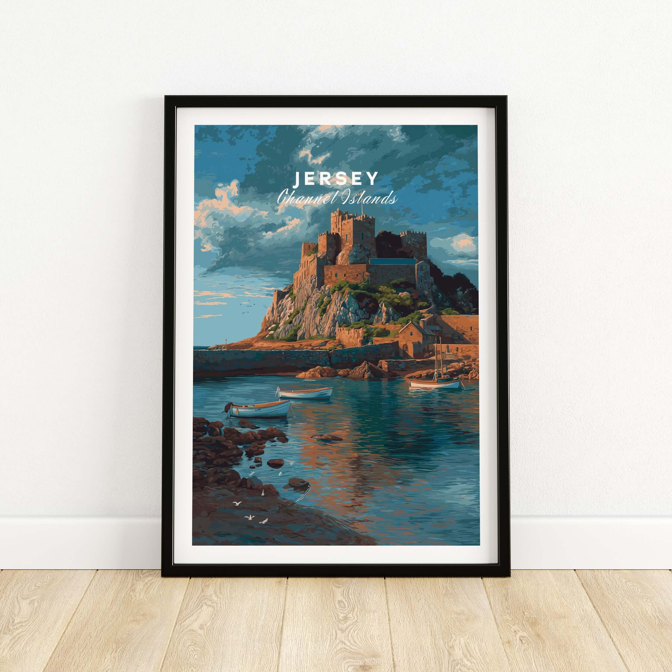 Jersey Print - Channel Islands Poster showcasing Mont Orgueil Castle by the coastline with boats.
