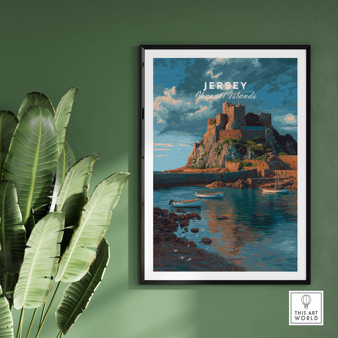 Jersey Print - Channel Islands Poster featuring Mont Orgueil Castle in a stunning coastal landscape.