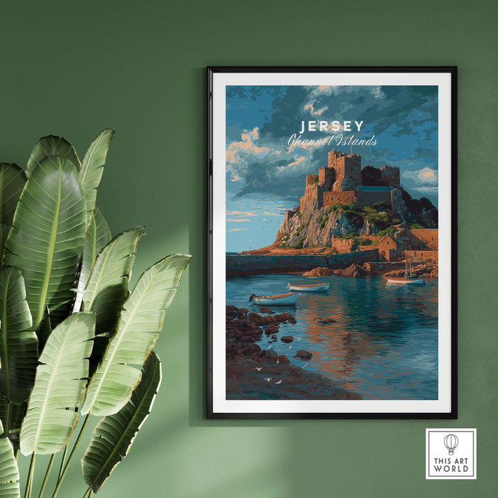 Jersey Print - Channel Islands Poster featuring Mont Orgueil Castle in a stunning coastal landscape.