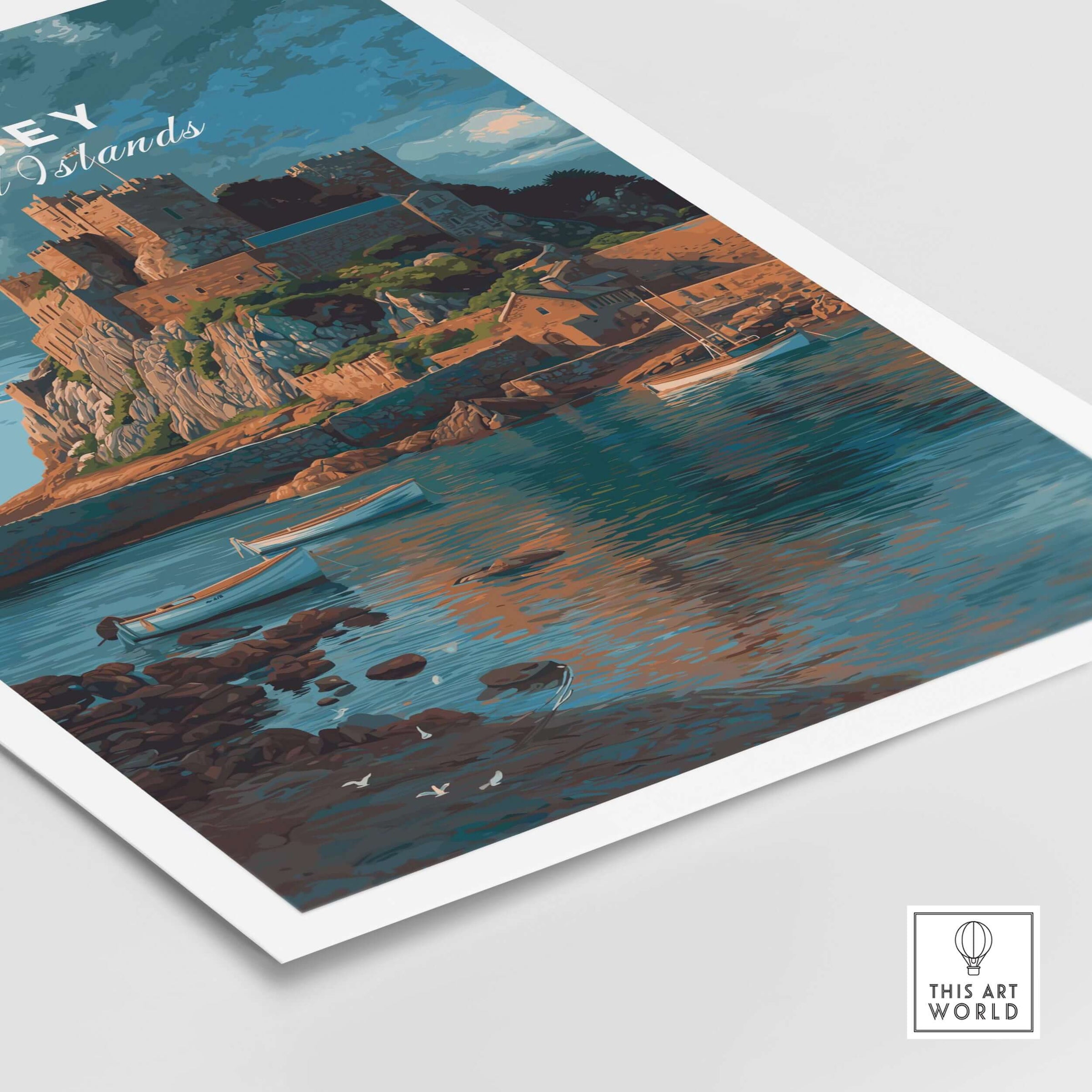 Jersey Print - Channel Islands Poster featuring Mont Orgueil Castle reflecting in the water, showcasing scenic beauty.