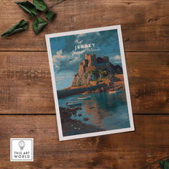 Jersey Print - Channel Islands Poster showcasing Mont Orgueil Castle and scenic coastline.