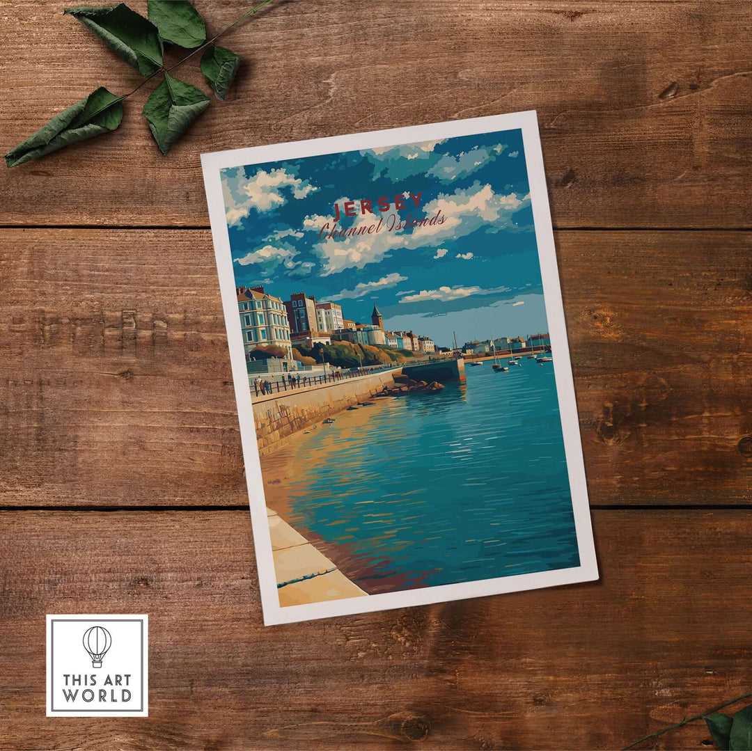 Jersey Poster -  St Helier Town Marina Print | Seaside Wall Art showcasing colorful waterfront scene on a sunny day.
