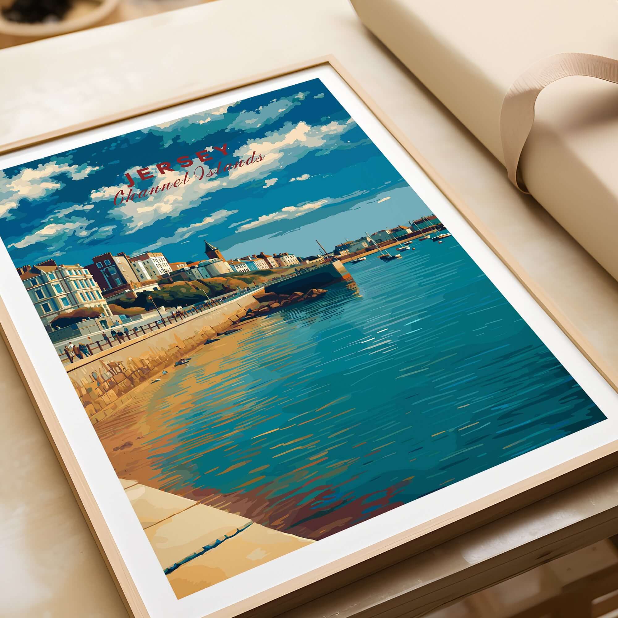 Jersey Poster -  St Helier Town Marina Print | Seaside Wall Art depicting vibrant marina scene with colorful boats and waterfront.