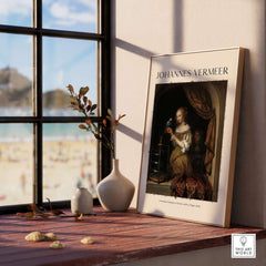 Johannes Vermeer A Woman Feeding Parrot - Dutch Golden Age Art Print Poster displayed on a windowsill with beach view.