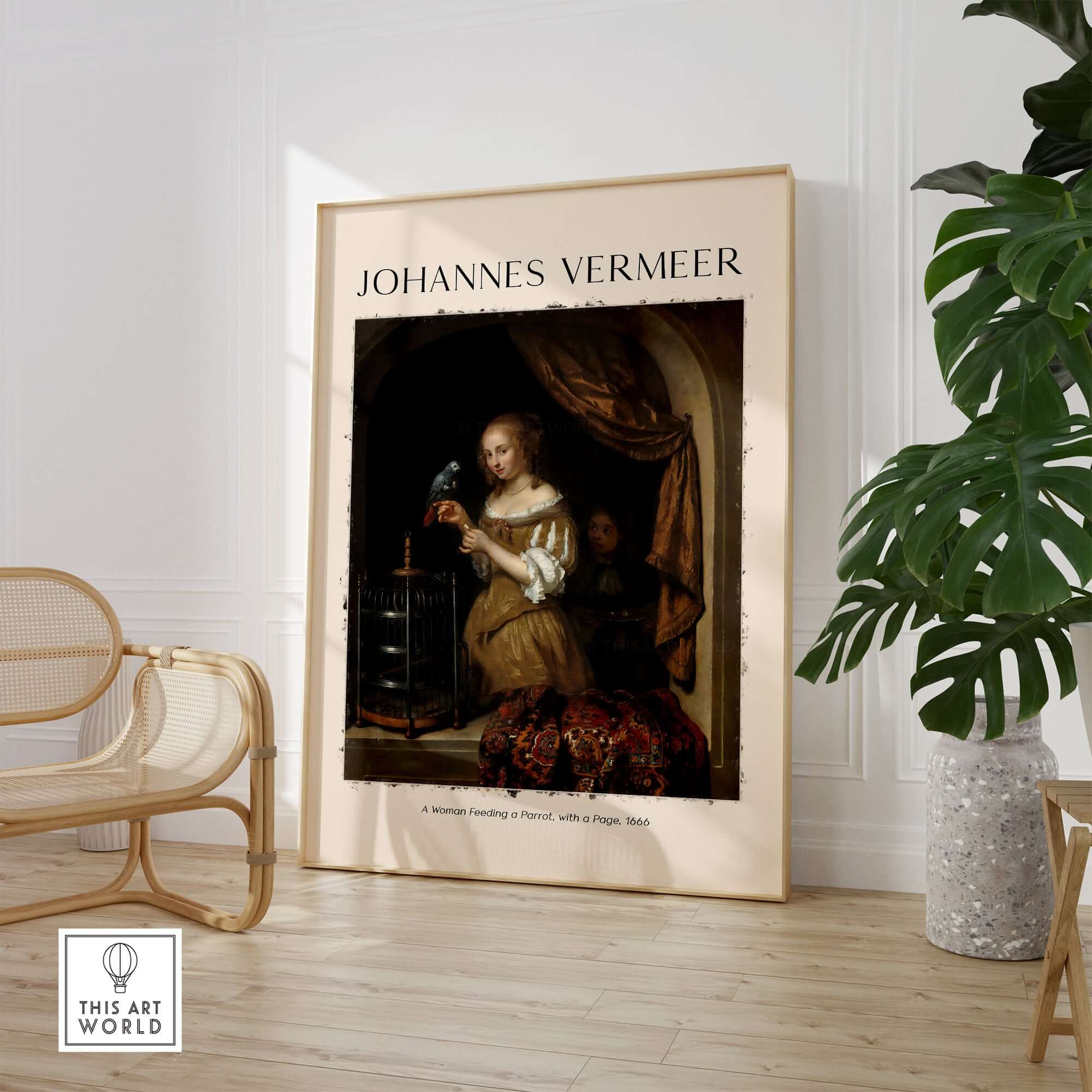 Johannes Vermeer A Woman Feeding Parrot - Dutch Golden Age Art Print Poster displayed in a stylish living space.