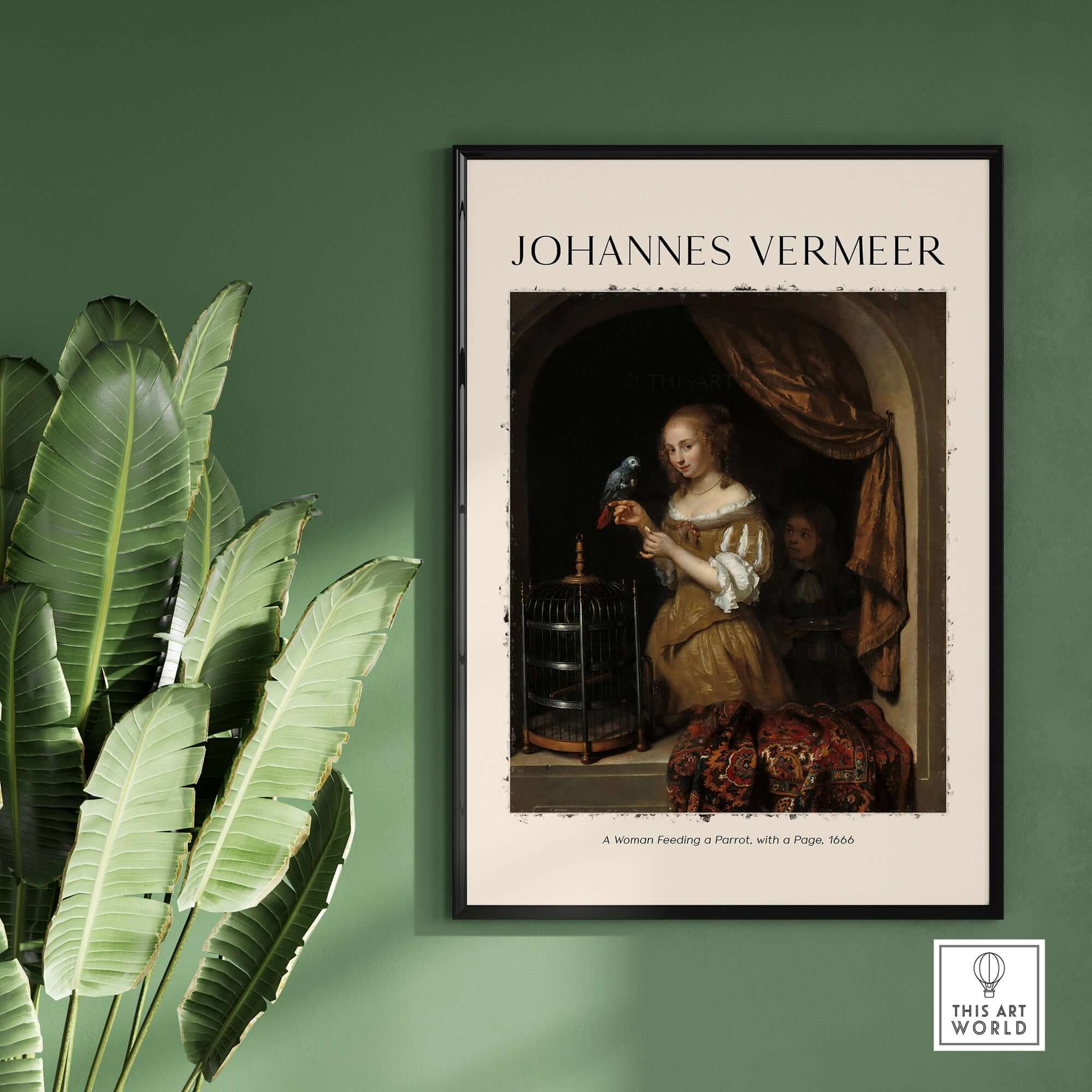 Johannes Vermeer A Woman Feeding Parrot - Dutch Golden Age Art Print Poster displayed on a wall with greenery.