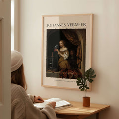 Johannes Vermeer A Woman Feeding Parrot - Dutch Golden Age Art Print Poster displayed in a cozy interior setting.