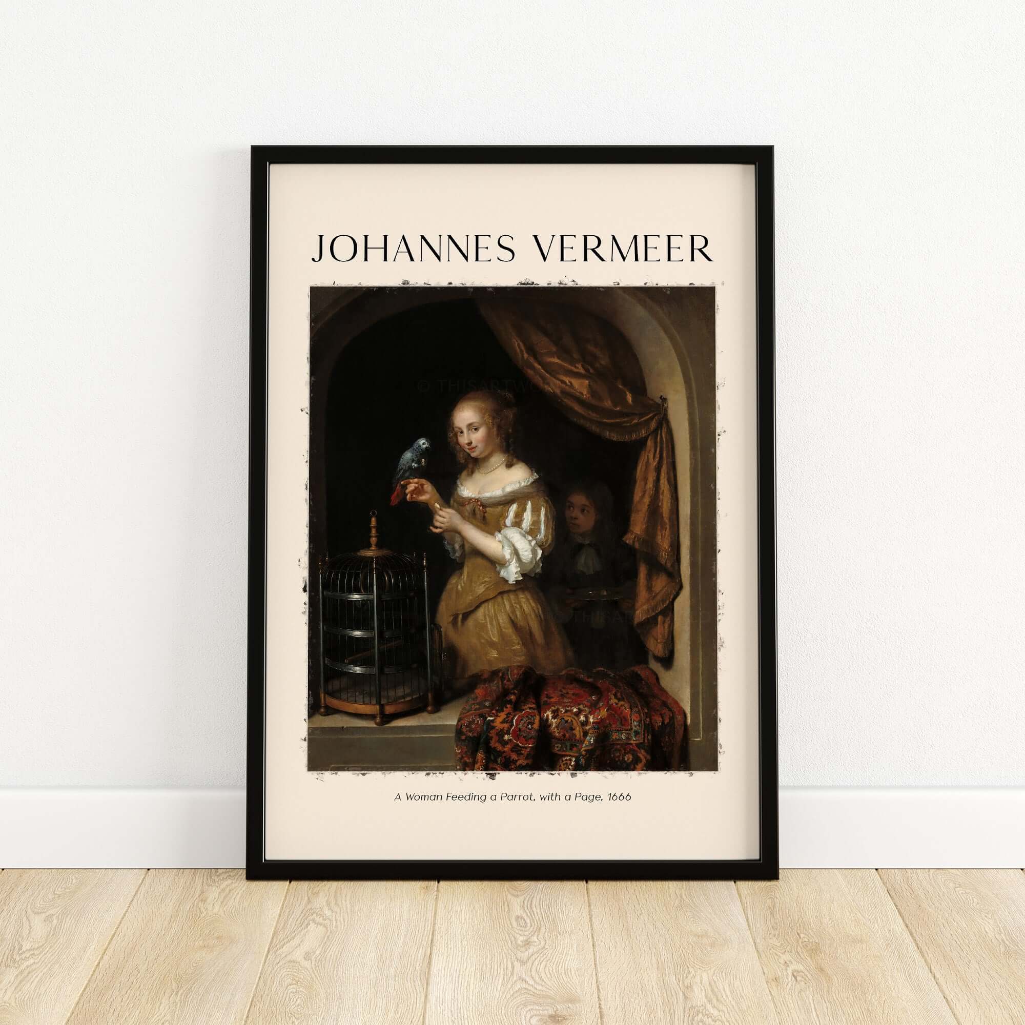 Johannes Vermeer A Woman Feeding Parrot - Dutch Golden Age Art Print Poster framed art print on display.