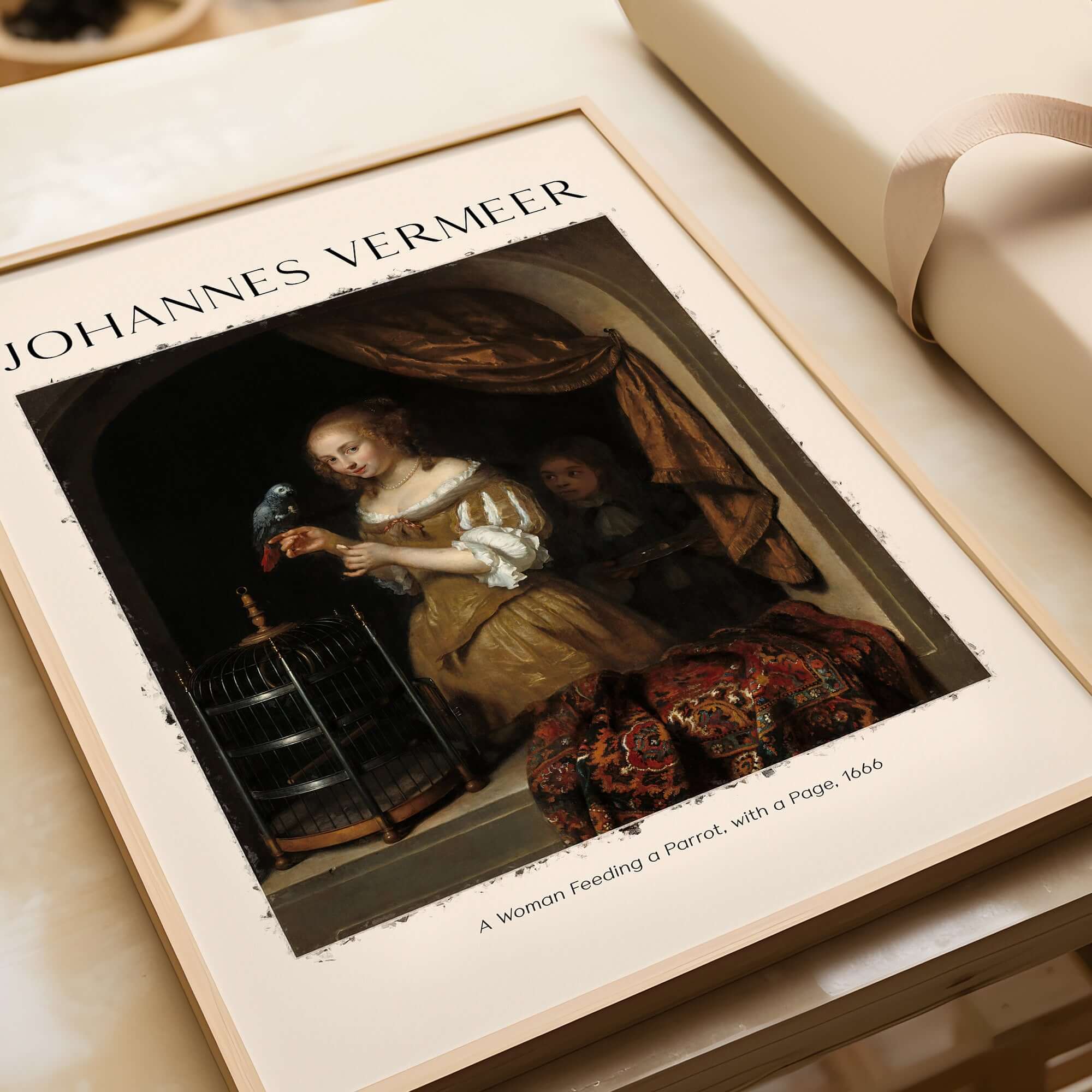 Johannes Vermeer A Woman Feeding Parrot - Dutch Golden Age Art Print Poster displayed with a decorative frame.