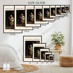 Size guide for Johannes Vermeer A Woman Feeding Parrot - Dutch Golden Age Art Print Poster featuring various frame sizes.