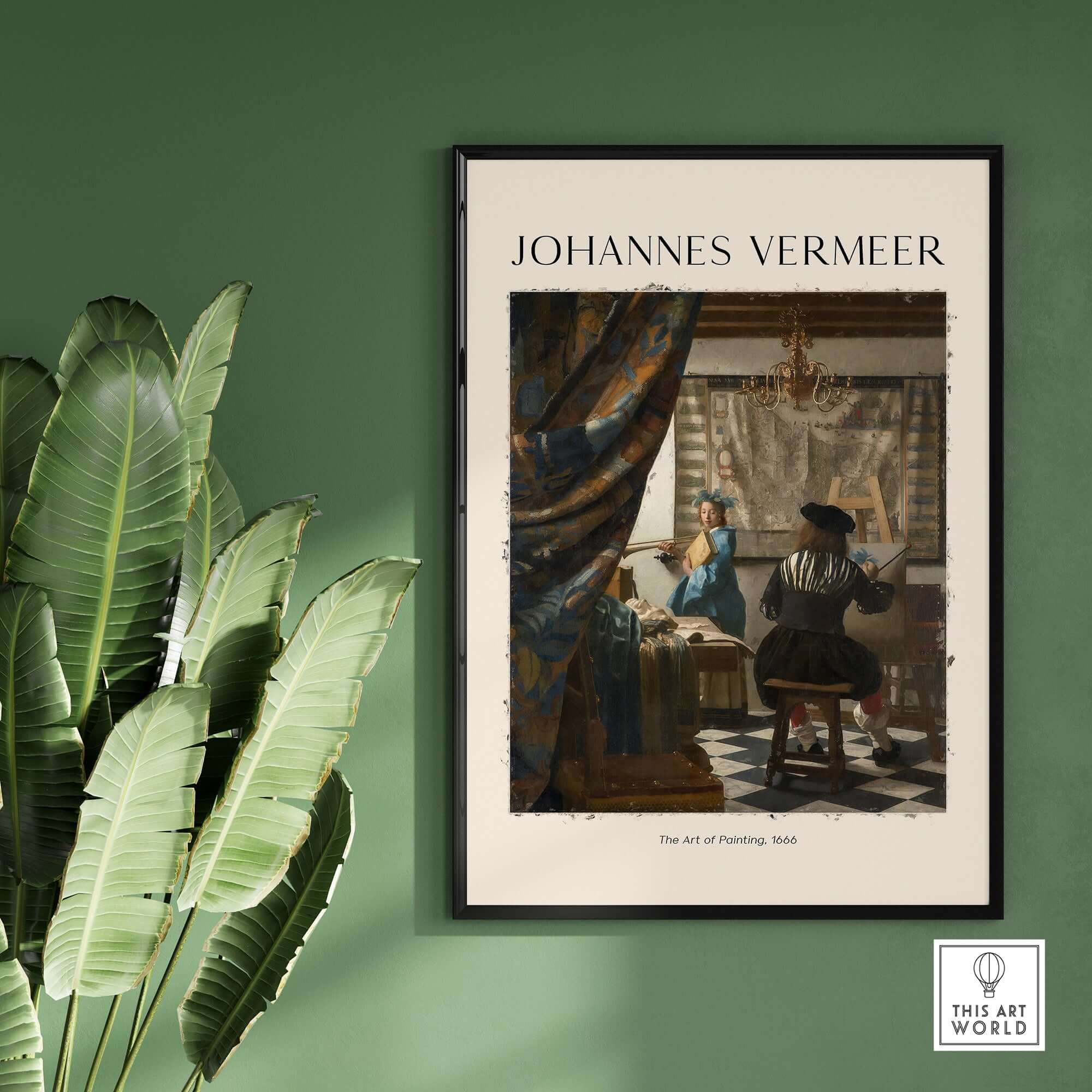 Johannes Vermeer The Art of Painting 1666 Allegory Dutch Masterpiece Art Print framed on a green wall with plants.