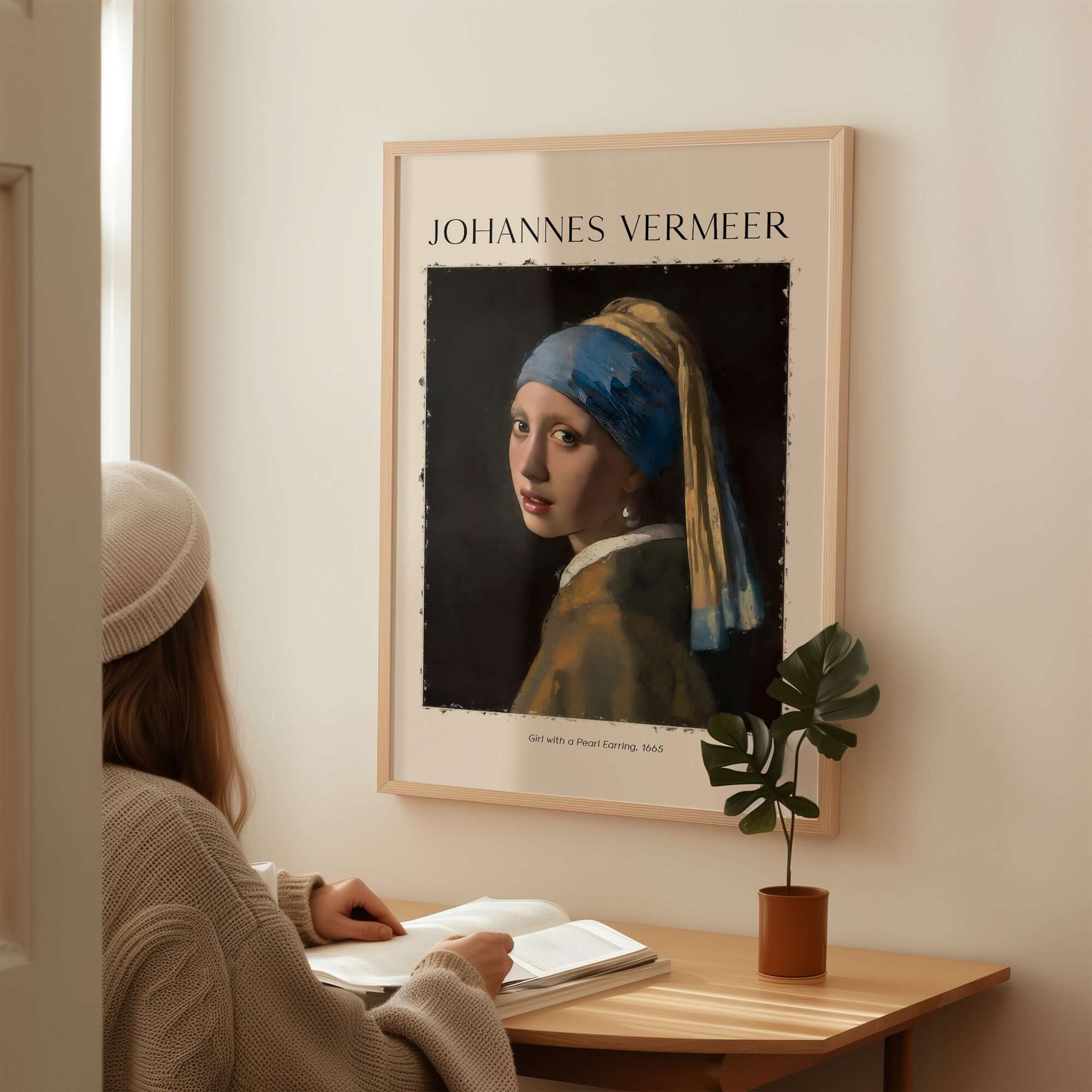 Johannes Vermeer Girl with a Pearl Earring 1665 Iconic Dutch Portrait Art Print displayed in cozy room.