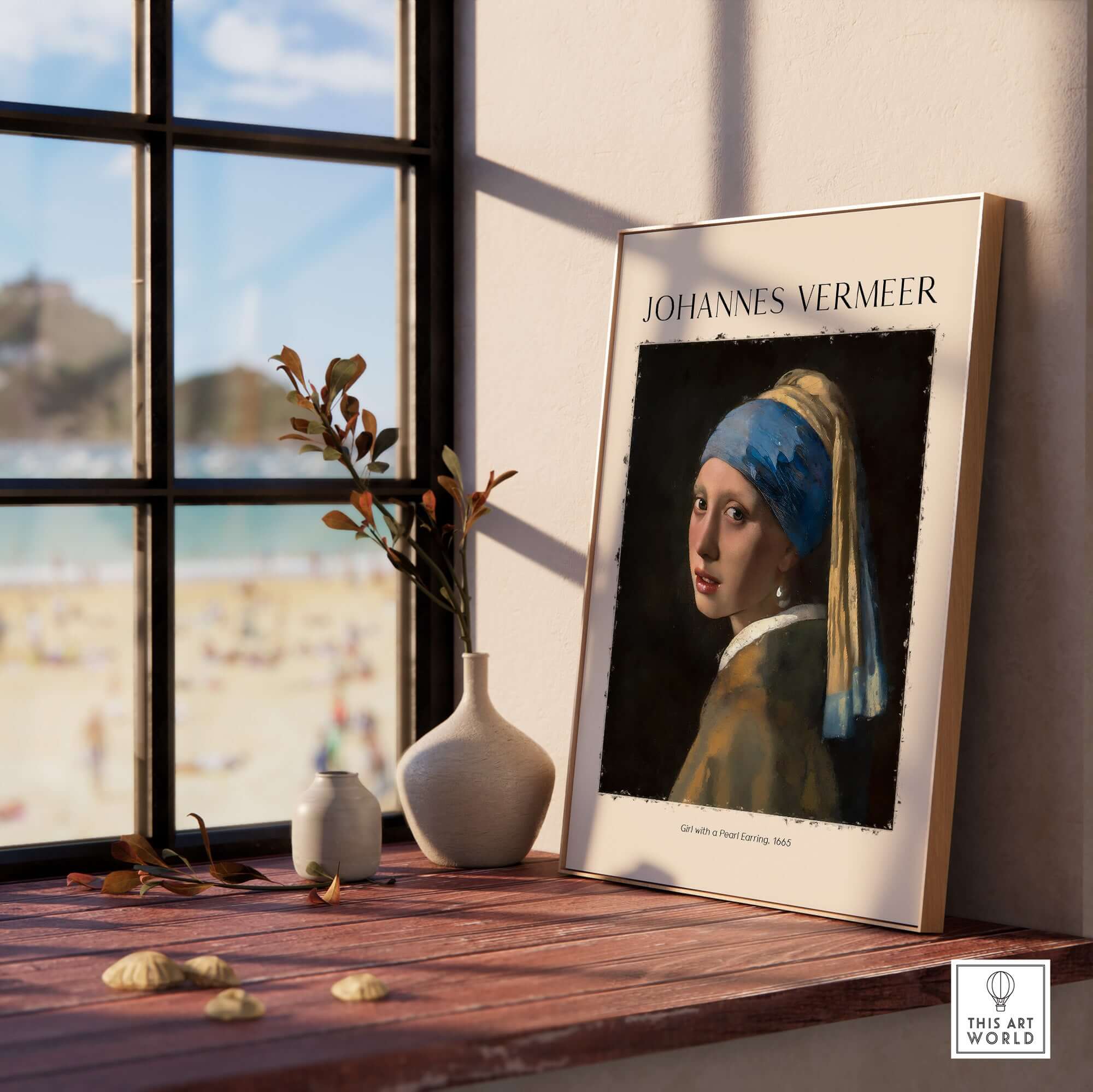 Johannes Vermeer Girl with a Pearl Earring 1665 Iconic Dutch Portrait Art Print displayed by the window.