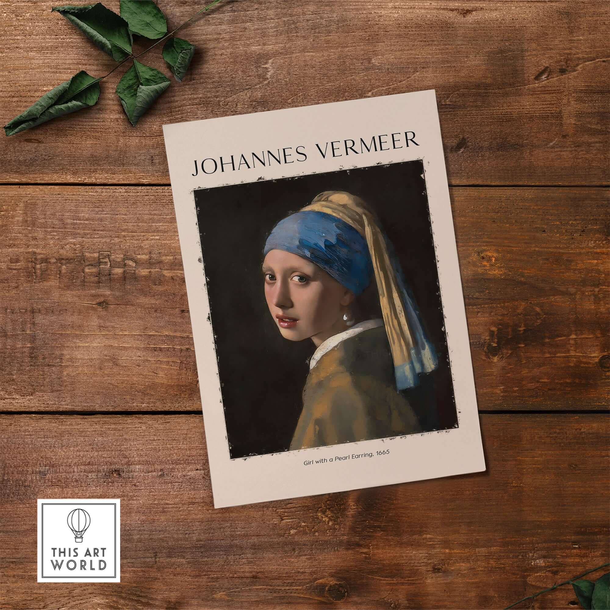 Johannes Vermeer Girl with a Pearl Earring 1665 Iconic Dutch Portrait Art Print displayed on rustic wood background.