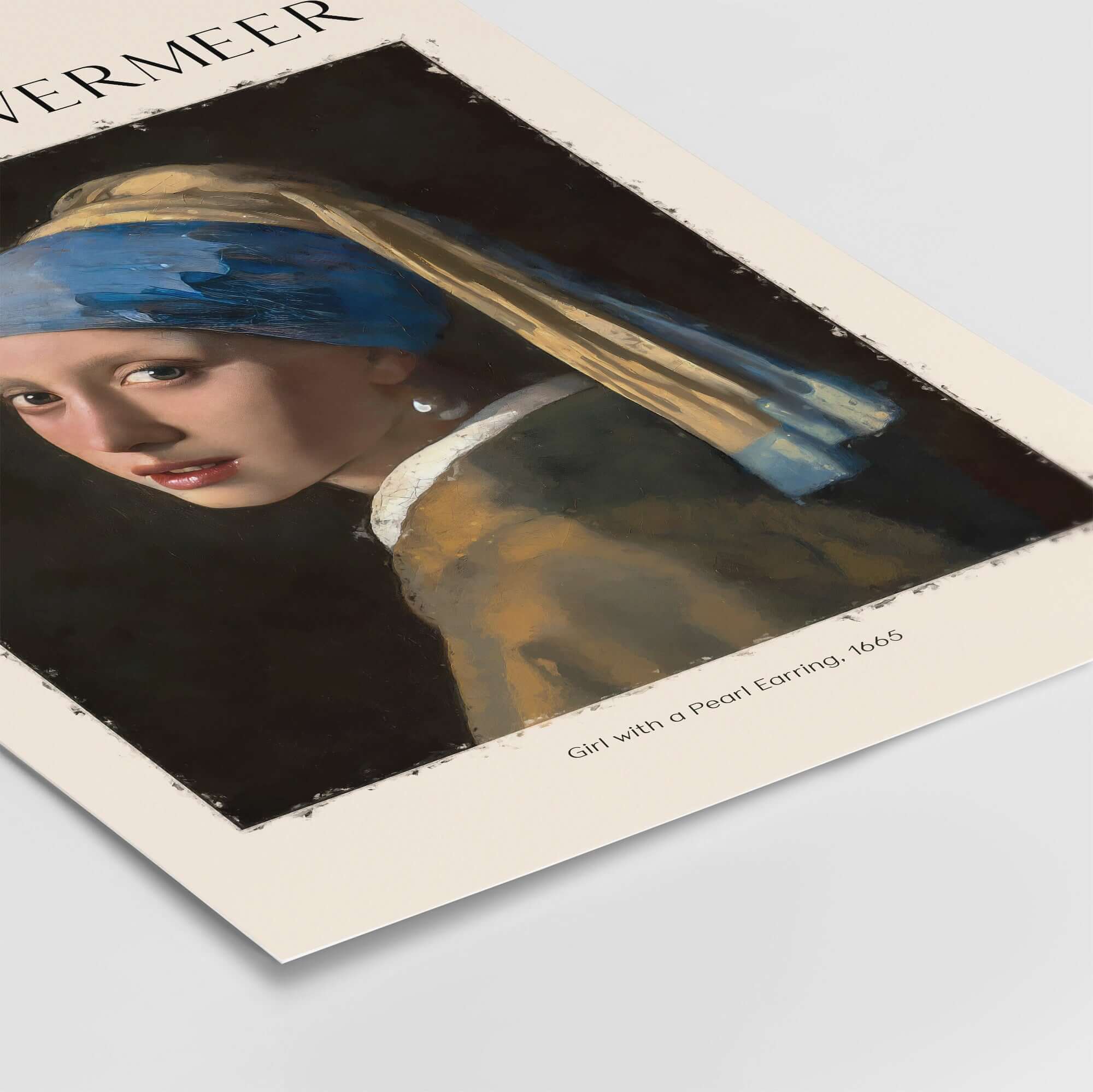 Johannes Vermeer Girl with a Pearl Earring 1665 Iconic Dutch Portrait Art Print display featuring a young woman in a blue turban.