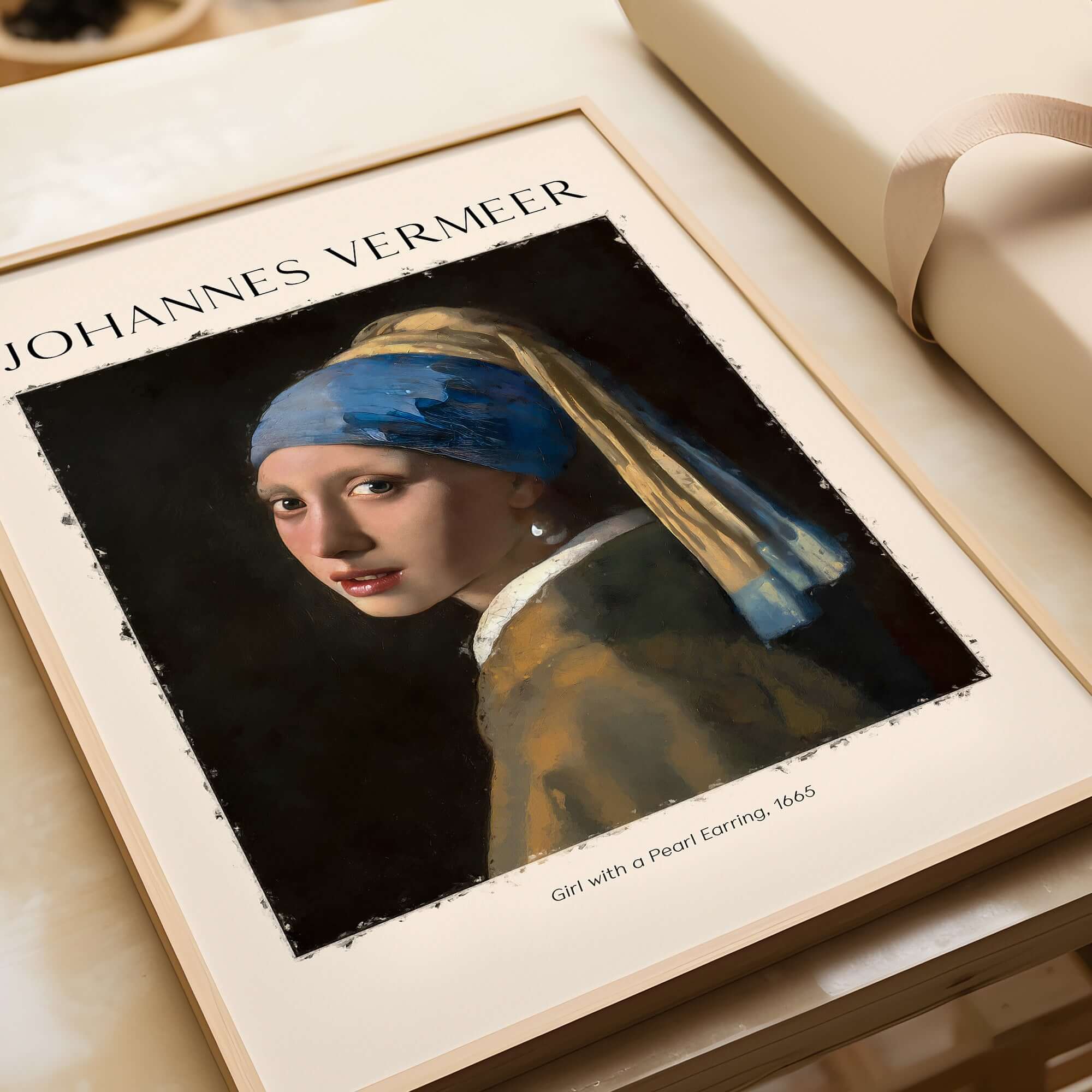 Johannes Vermeer Girl with a Pearl Earring 1665 Iconic Dutch Portrait Art Print displayed on a table.