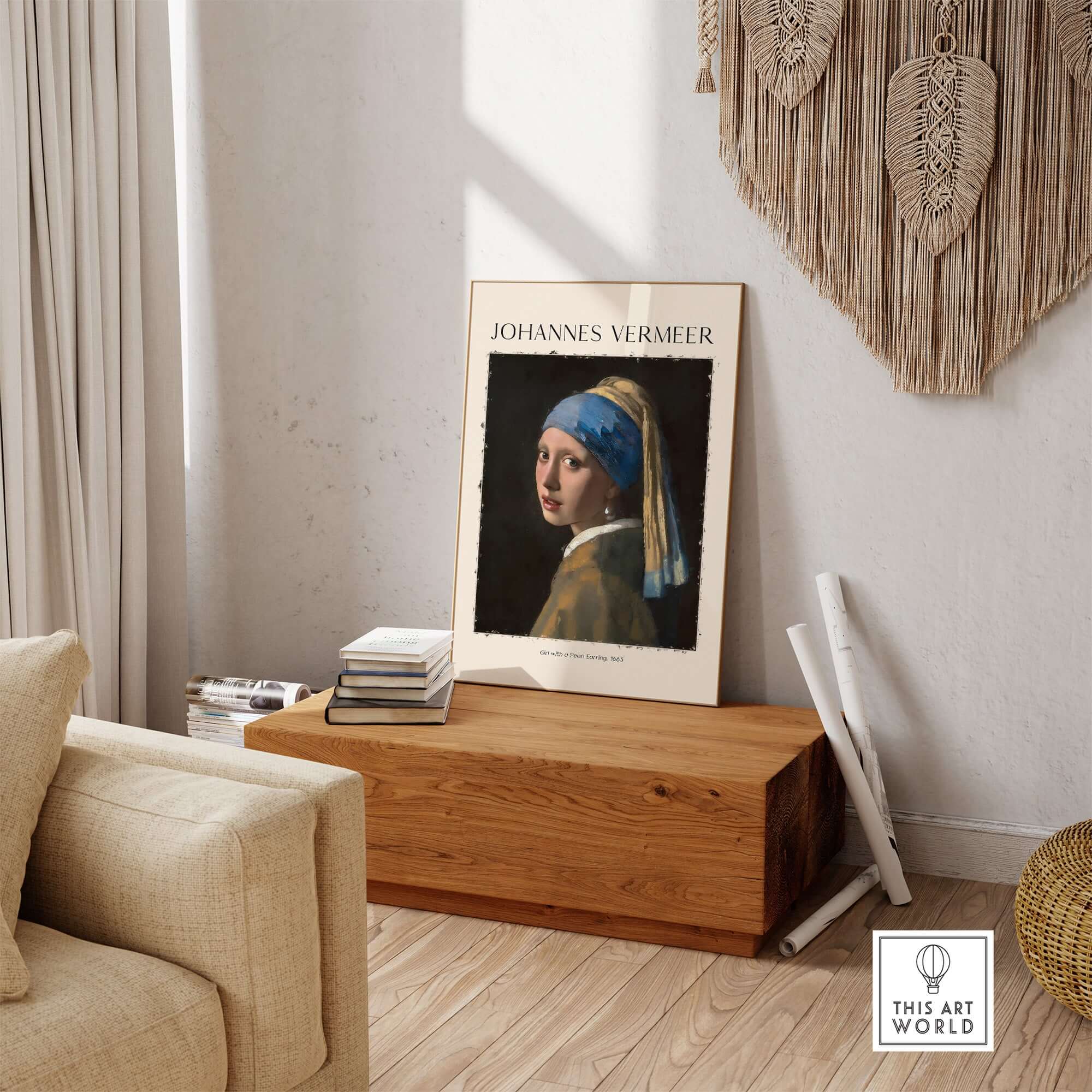 Johannes Vermeer Girl with a Pearl Earring 1665 Iconic Dutch Portrait Art Print displayed in modern living room setting.