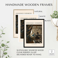 Handmade wooden frames for Johannes Vermeer The Art of Painting 1666 Allegory Dutch Masterpiece Art Print in natural, white, and black.