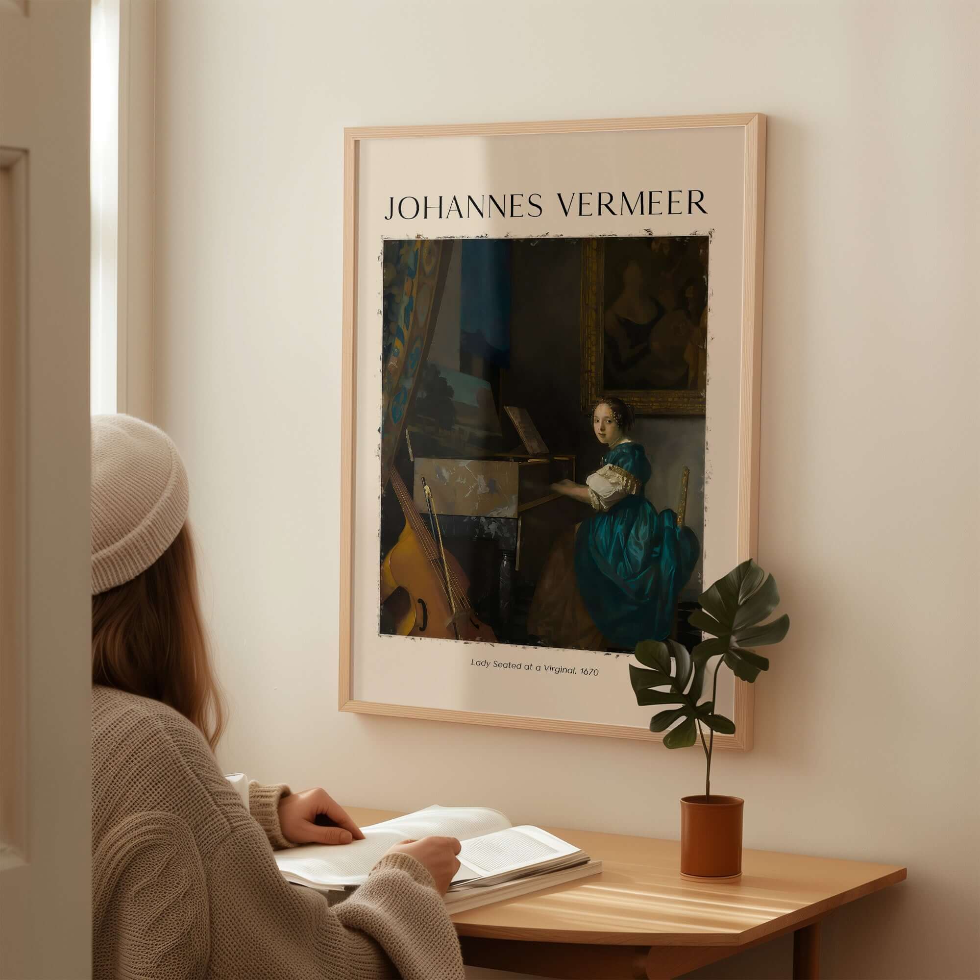 Johannes Vermeer Lady Seated at a Virginal 1670 Dutch Golden Age Art Print displayed in a cozy room.