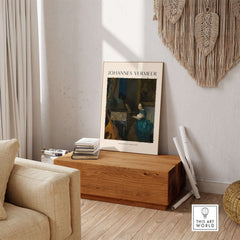 Johannes Vermeer Lady Seated at a Virginal 1670 Dutch Golden Age Art Print displayed in modern interior decor.