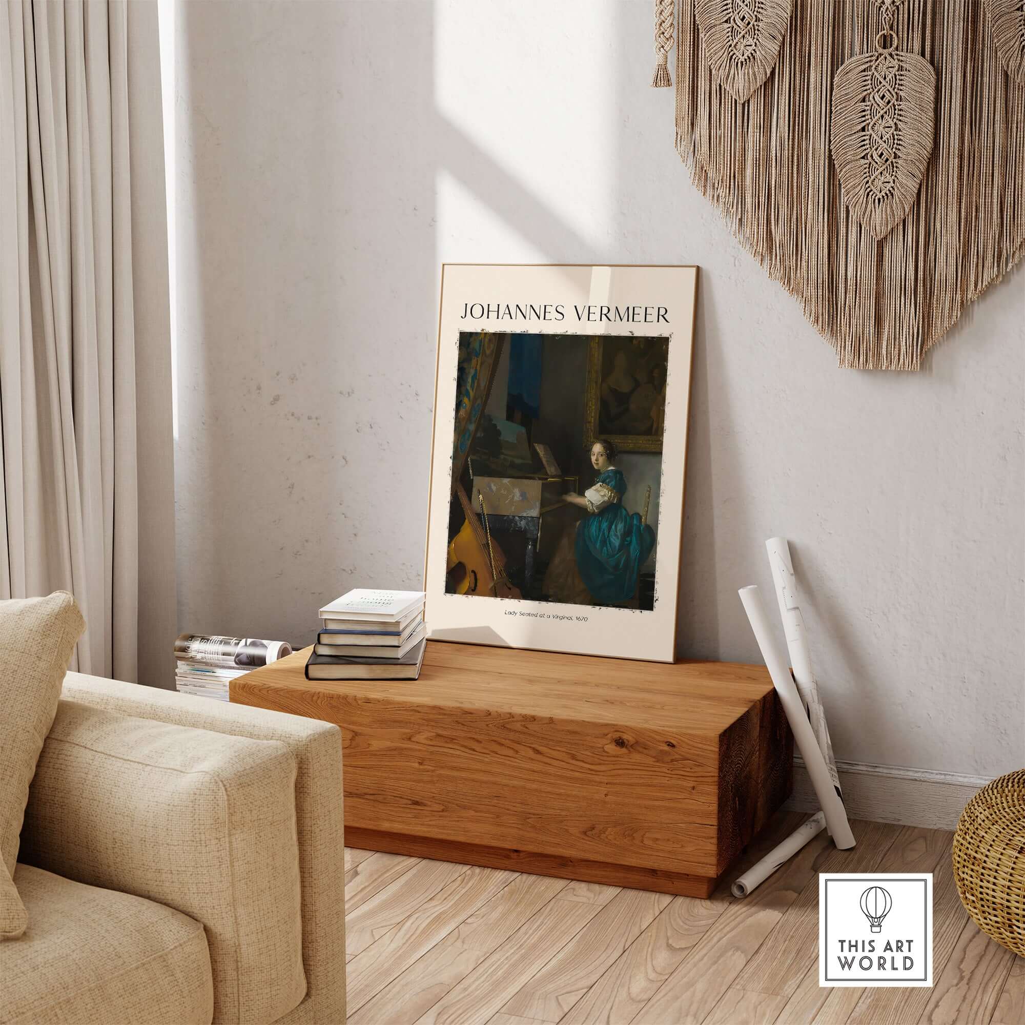 Johannes Vermeer Lady Seated at a Virginal 1670 Dutch Golden Age Art Print displayed in modern interior decor.