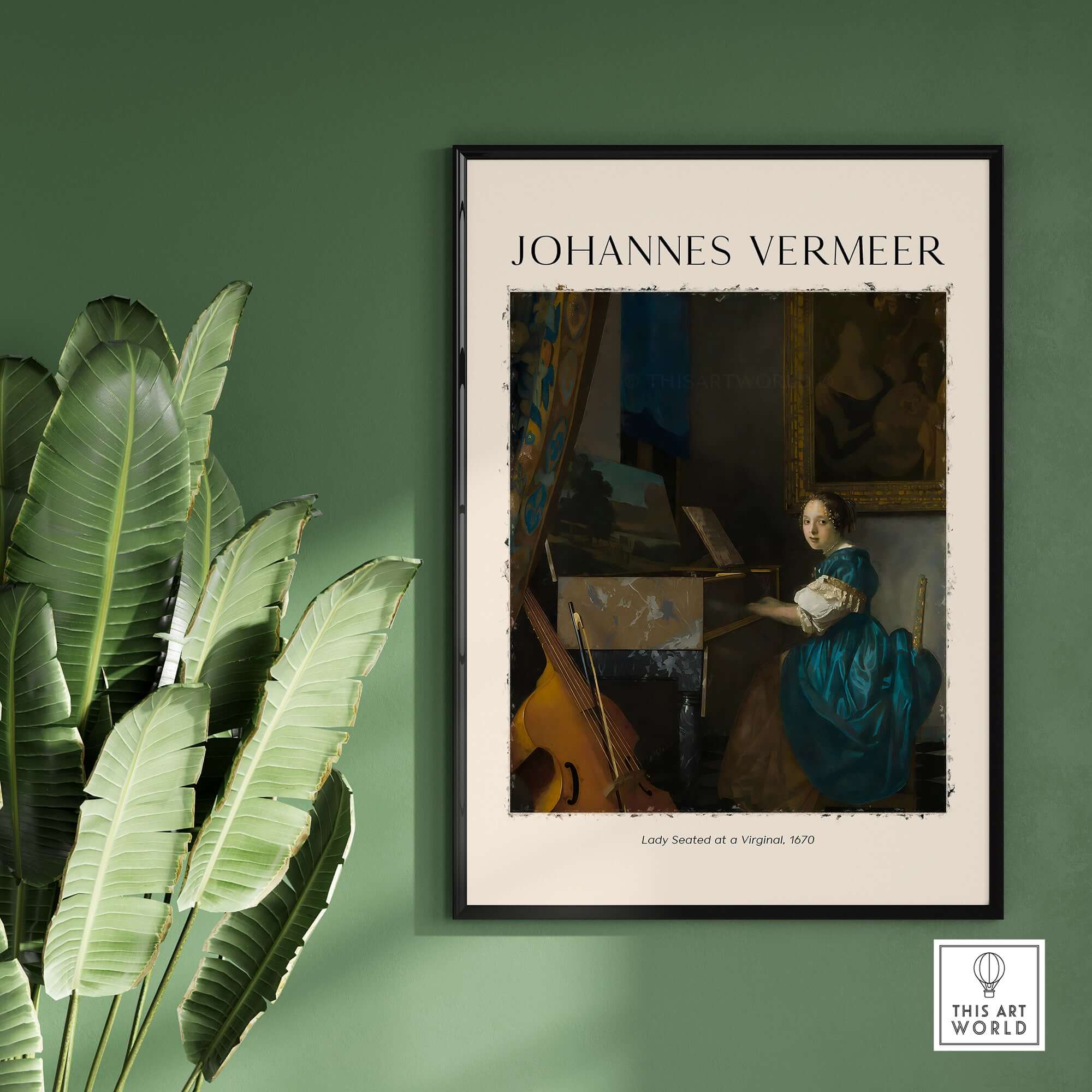 Johannes Vermeer Lady Seated at a Virginal 1670 Dutch Golden Age Art Print framed on a green wall with plants.