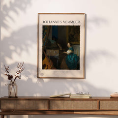 Johannes Vermeer Lady Seated at a Virginal 1670 Dutch Golden Age Art Print displayed on a wall with elegant decor.