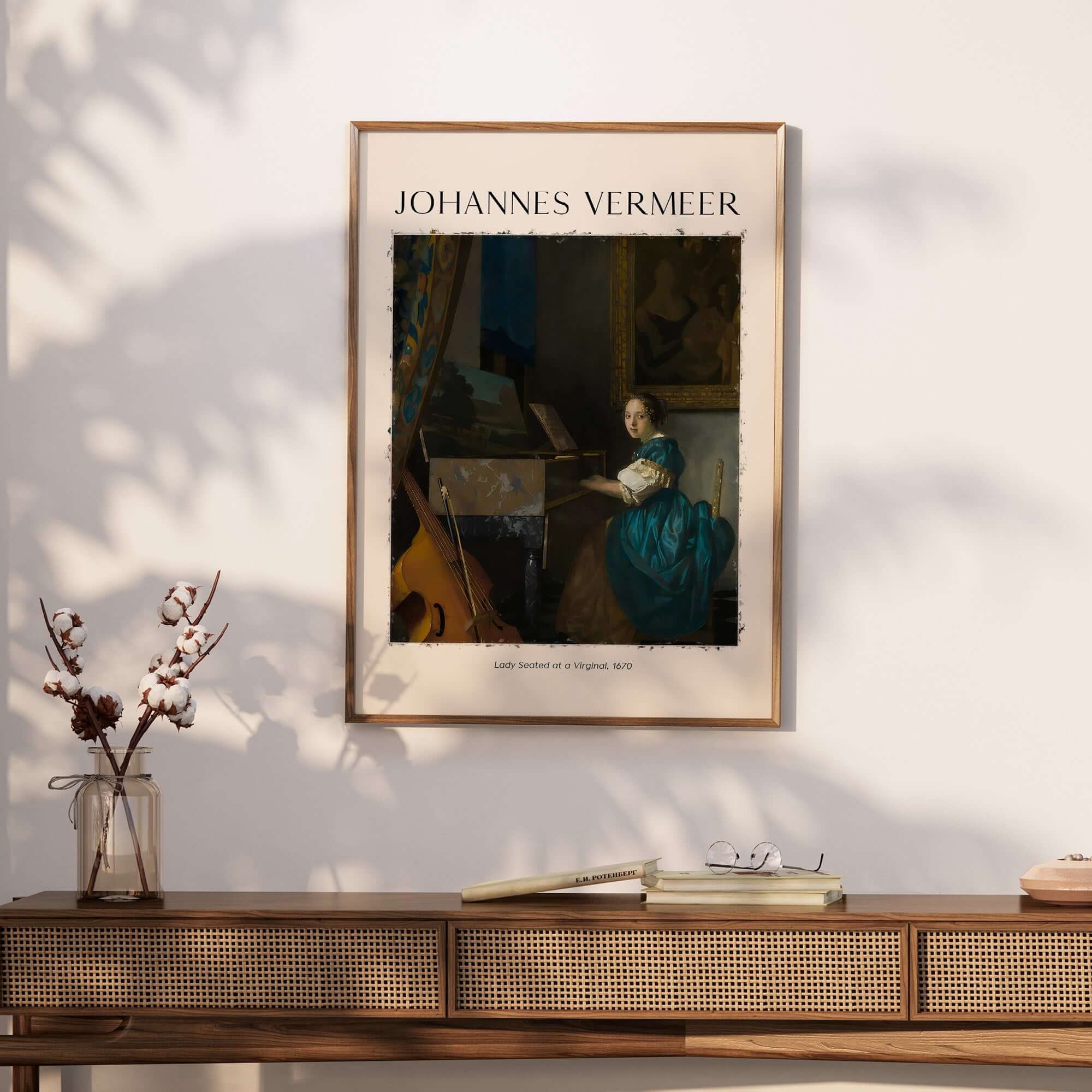 Johannes Vermeer Lady Seated at a Virginal 1670 Dutch Golden Age Art Print displayed on a wall with elegant decor.