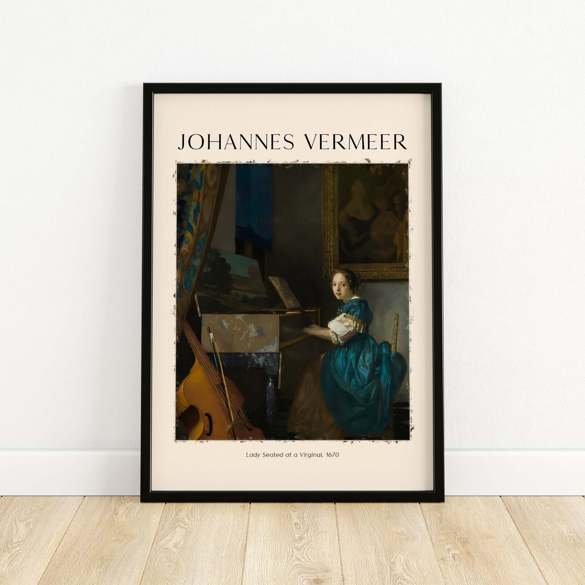Johannes Vermeer Lady Seated at a Virginal 1670 Dutch Golden Age Art Print framed on a wall.