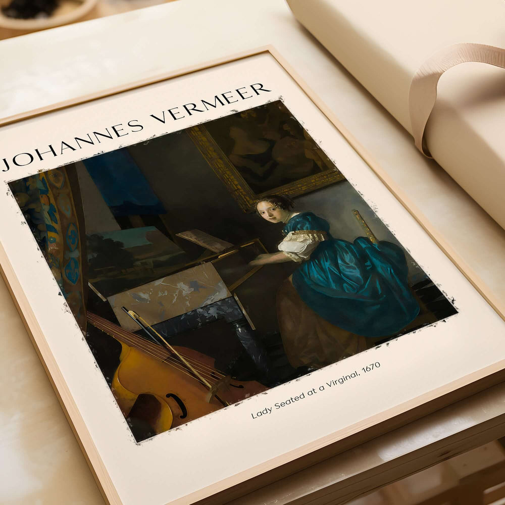 Johannes Vermeer Lady Seated at a Virginal 1670 Dutch Golden Age Art Print displayed in a modern frame.